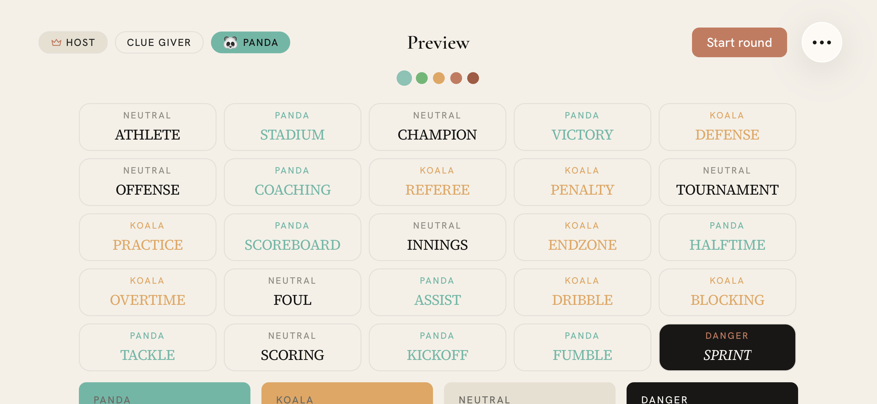 The Clue Giver board, showing the secret ownership of every word