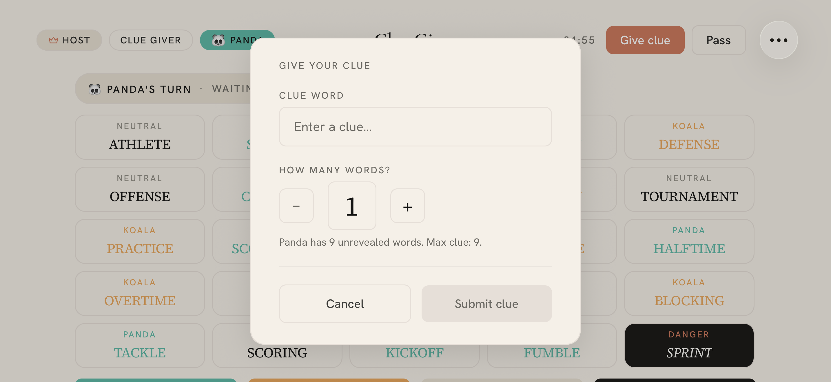 Give a one-word clue and a number for your team to guess